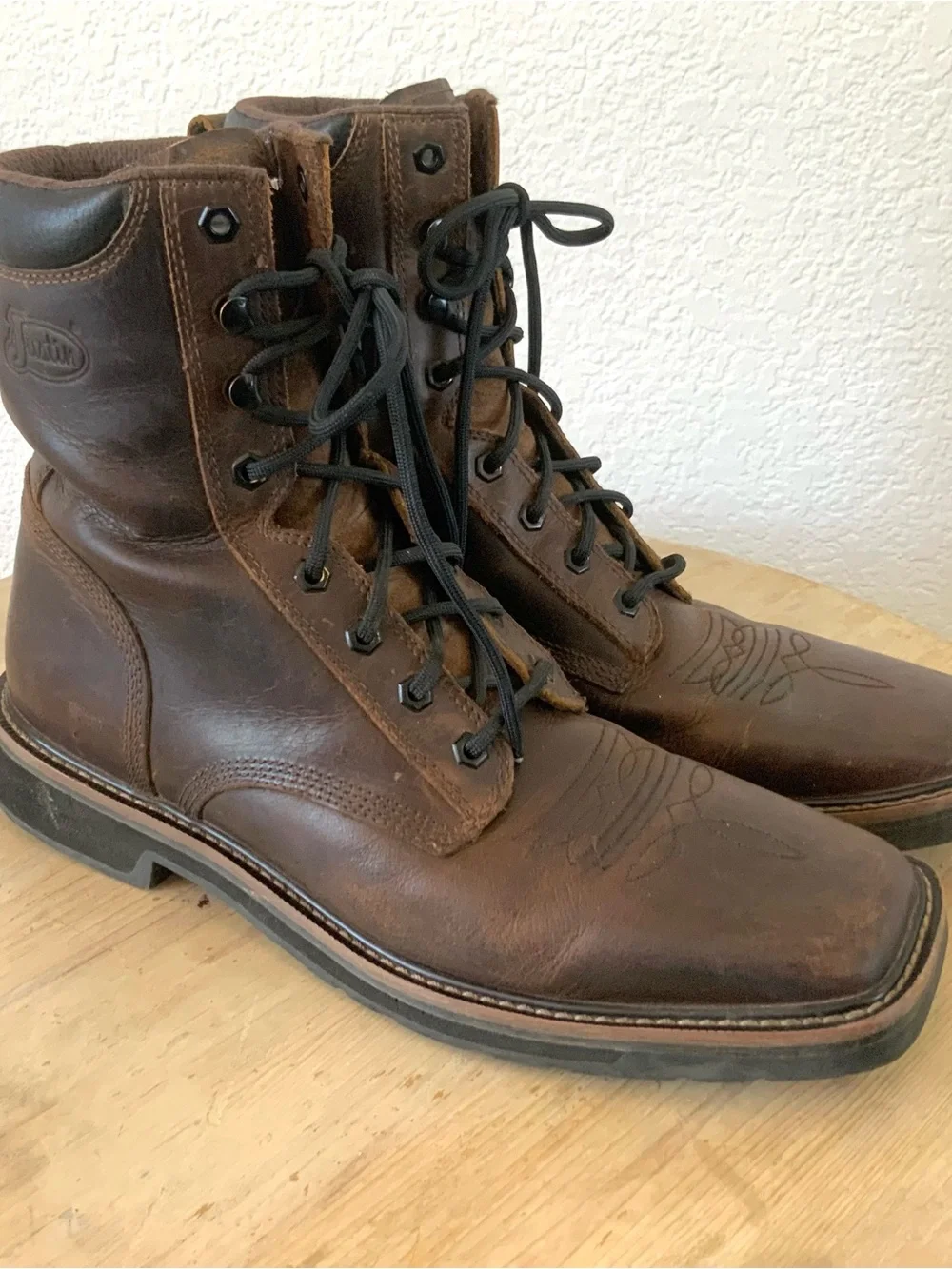 Justin Boots Brown Leather Lace-Up Work Boots with Black Laces